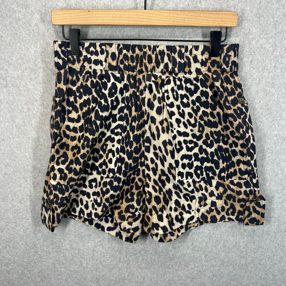 Ganni Leopard Print Shorts Womens 36 Brown Animal High Waist Cargo Pocket EUC